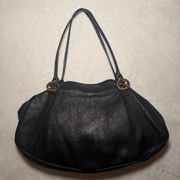 Auth. Gucci Guccissima GG Monogram Black Leather Shoulder Bag, East West Style - Picture 1 of 15